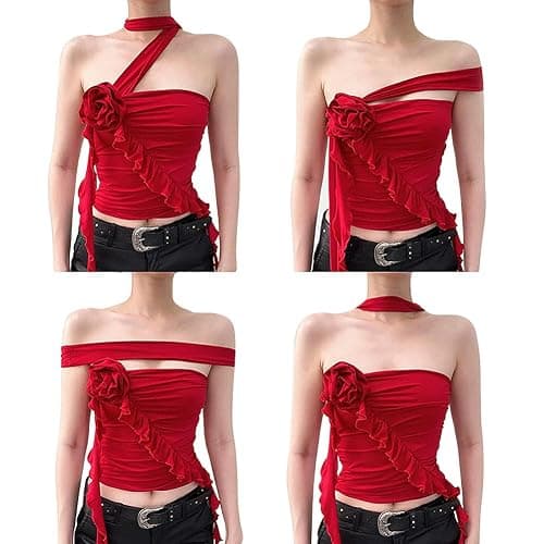 SIQITECHNO Womens Sexy 3D Flower Rosette Asymmetrical Hem Ruffled Tube Top Backless Pleated Bandeau Tank Top Crop Halter Tops thumbnail 2