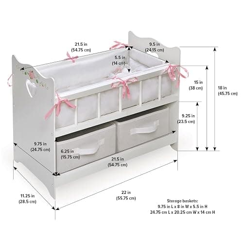 Badger Basket Wooden Doll Bed with Storage Baskets & Pillows - White/Rose | Fits 18–20" dolls; includes bedding, 2 storage baskets, wood construction & personalization decal kit. thumbnail 3
