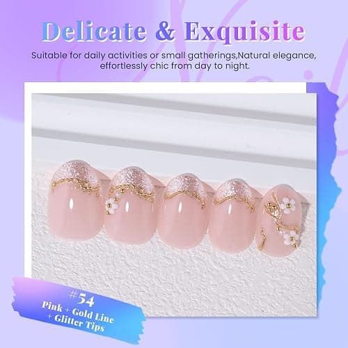XZMeiLun French Gold Pearl White Flower Press on Nails, Short Round Acrylic Fake Nails Design, Natural Reusable Nails Kit for Women DIY False Nail Art Decoration Gift, Salon Quality Reusable 24 Pcs thumbnail 4