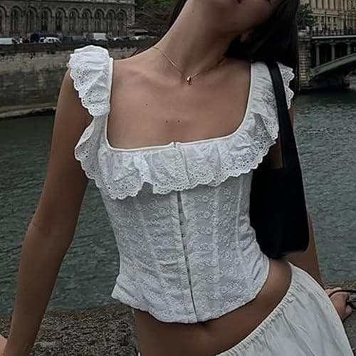 White Corset Top Lace Push Up Bustier Corset Tie Up Tanks Top | Women Y2K Cute Corset Top, Square Neck, Slim Fit, Off Shouler, Bustier Shapewear Lingerie, Eyelet Top, Bandage Crop Top thumbnail 3