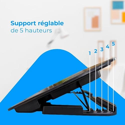 NK Base de Refroidissement Portable - Ventilateur pour Ordinateur Portable 12-17", Réglables en Hauteur, 6 Ventilateurs Silencieux, 2 Ports USB, Refroidissement Rapide, lumière LED Bleue - Noire thumbnail 7