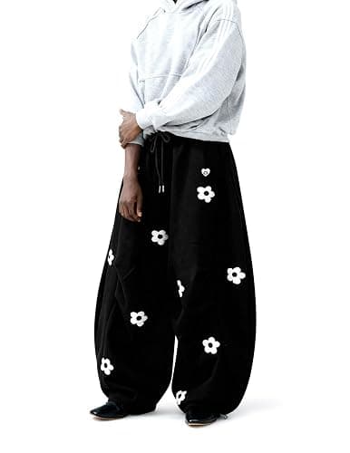 Aelfric Eden Baggy Wide Leg Sweatpants Flower Embroidery Casual Y2K Elastic Drawstring Lantern Barrel Lounge Trouser Pants thumbnail 2