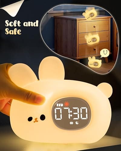 Bunny Alarm Clock for Kids with Night Light, Sleep Training Clock Time to Wake Clock, Rechargeable Silicone Light for Bedroom, Perfect Sleep Companion for Boys Girls thumbnail 7