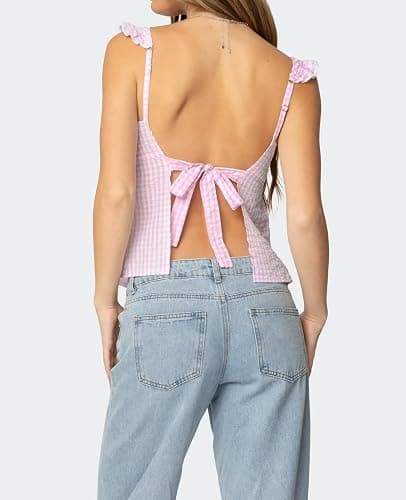 Women Teens Y2k Babydoll Tank Top Lace Trim V Neck Ruffle Flowy Crop Cami Top Summer Preppy Clothes Streetwear thumbnail 4