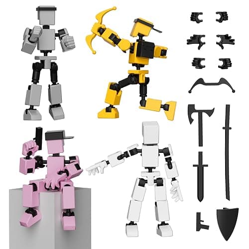 4PCS Mini Titan T-13 Action Figures Set, Assembly Completed Luck Dummy Robot 13 Action Figure Toys for Boys Stick Figures with Multi Joints Movable Fidget Gifts for Kids(White+Gray+Yellow+Pink) - Image 1