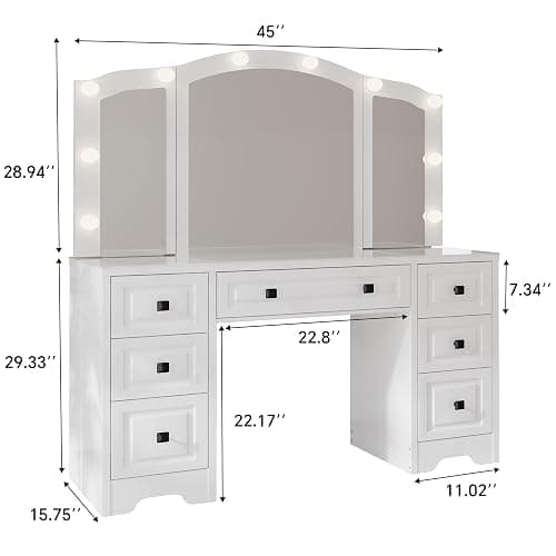 senlin Makeup Vanity with 3-Way Mirror, Retro Dressing Table with Lights, 7-Drawer Vanity Desk for Women & Girls, Vintage Vanity with Glass Top for Bedroom, Light White thumbnail 2
