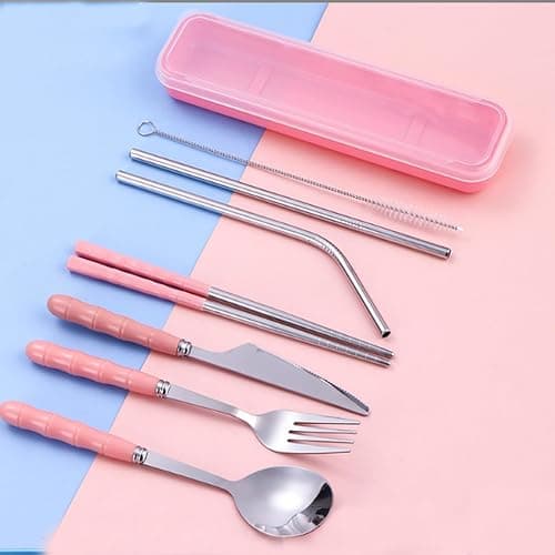 Facune 4 Colors Portable Travel Utensils with Case, Reusable Stainless Steel Cutlery Include Knife Fork Spoon Straw for Travel Camping Office thumbnail 4