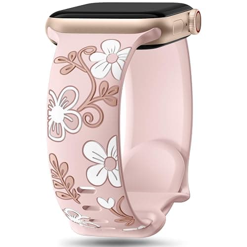Witzon Floral Band Compatible with Apple Watch Bands For Women 40mm 41mm 38mm 42mm 44mm 45mm 46mm 49mm, Engraved Cute Flower Silicone Dressy Strap for iWatch Series 11 10 9 8 7 6 5 4 3 2 SE Ultra - Image 1