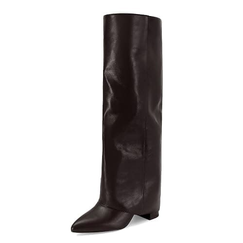 Dsevht Black Leather Knee High Boots for Women Fold Over Chunky High Heel Pull on Pointed Toe Tall Long Dress Going Out Boot for Women - Image 1