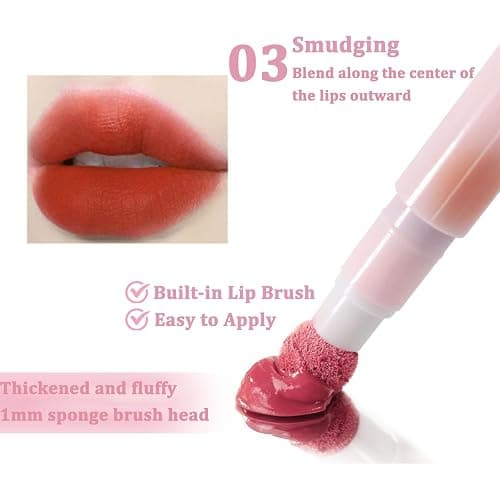 MooGlamor 6 Pcs Red Matte Lip Gloss Stick Set with Delicate Unique Sponge Lip Brush and Smooth Velvet Lipsticks for Women Lip and Blush thumbnail 4