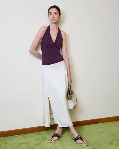 SUUKSESS Women Deep V Built in Bra Cowl Halter Tops Going Out Open Back Tank Tops thumbnail 6