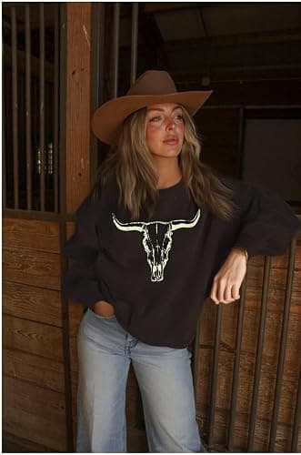 UNIQUEONE Boho Cow Skull Sweatshirt Women Cowgirl Shirt Rodeo Western Country Concert Outfits Nashville Graphic Pullover Tops thumbnail 5