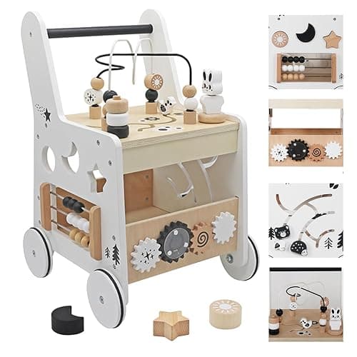 Touch Us Wooden Baby Walker - 5in1 Montessori Activity Cubes, Baby Push Walker for Toddler, 1+ Year Old Boy Girl | Sorting & Stacking Toys, Bead Mazes & Counting Toys - Image 1