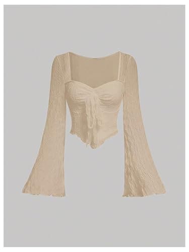 SOLY HUX Women's Long Bell Sleeve Tops Mesh Sweetheart Neck Going Out Crop Top Casual Asymmetrical T Shirts Tees thumbnail 5