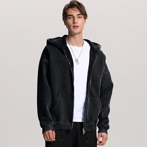 FAIABLE Mens Womens Double Zip Up Hoodie Oversized Acid Wash Heavyweight Fleece Cotton Zipper Hoodie Vintage thumbnail 2