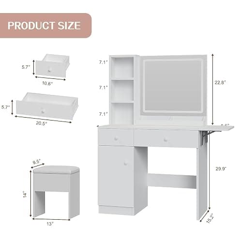 Haewon Vanity Desk Set with Lighted Mirror and Chair, White | Makeup Table with 3 Color Lighting Modes, Charging Station, Storage Cabinet and Drawers for Bedroom thumbnail 2