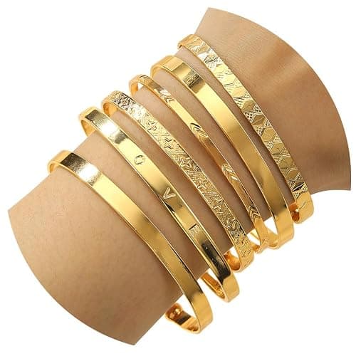 CHICUTIE Gold Bangles Bracelets For Women, 14k Gold Plated Stackable Open Cuff Bracelet Set Charms Trendy Lightweight Elegance Minimalist Textured Boho Jewelry Gift for Women - Image 1