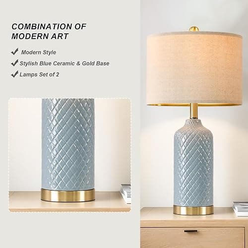 24.25" Modern Ceramic Blue Table Lamps Set of 2 for Living Room Bedroom Bedside Table Lamp for Night Stands Boho Nightstand Lamp Coastal Side End Table Lamps Reading Light Home Office Dorm Deco Gifts thumbnail 3