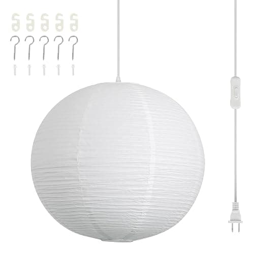 Fivemengo Paper Lantern Lamp Plug in Hanging Lamp, 20in White Rice Paper Pendant Light with 19.7FT Cord Large Globe Japanese Japandi Wabi Sabi Chandelier for Dining Living Room Bedroom Office 1 Pack - Image 1