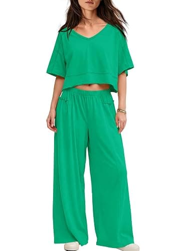 Yanekop Womens Two Piece Lounge Set for Summer Airport Travel Outfit V Neck Crop Tops and Wide Leg Pants with Pockets - Image 1