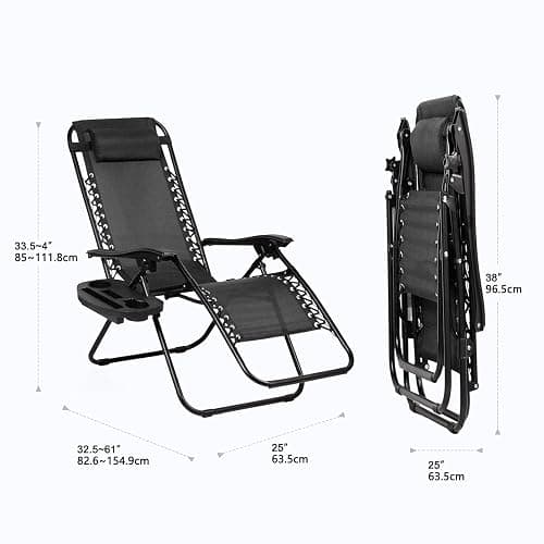 Nazhura Set of 2 Relaxing Recliners Patio Chairs Adjustable Steel Mesh Zero Gravity Lounge Chair Beach Chairs with Pillow and Cup Holder Black thumbnail 3