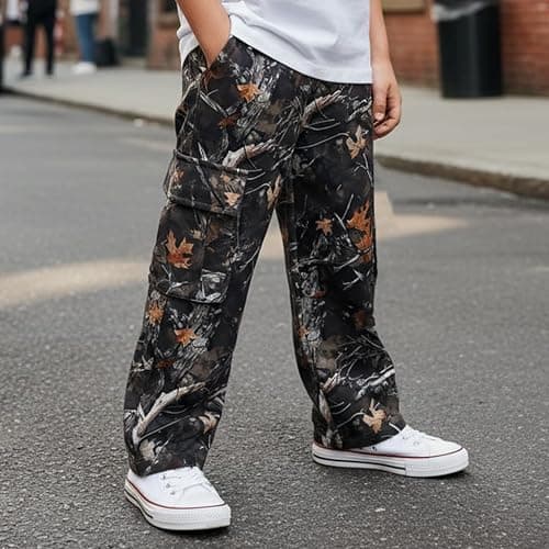 Voonlie Kids' Boy Camo Pants Casual Cargo Pants Baggy Stretchy Wide Leg Streetwear with Pocket thumbnail 3