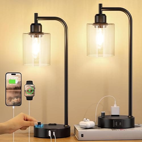 Industrial Nightstand Lamps for Bedrooms Set of 2 - Fully Dimmable Bedside Lamps with USB A C Ports and Outlet, Black Table Lamps with Clear Glass Shade for Living Room, Desk Lamps for Office Reading - Image 1