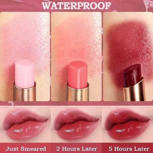 evpct 3Pcs Magic Color Changing Lipstick Long Lasting Waterproof 24 Hours Original for Women, Peach Strawberry Black Red Cherry Pink PH Mood Permanent Color Changing Lipstick Lip Balm, labial magico - 0.3 Ounce (Pack of 1) - 3Pcs Red Cherry Peach Strawberry thumbnail 4