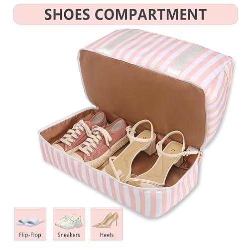 Bosidu Stripe Weekender Overnight Bags for Women - 2Pcs Carry On Travel Duffle Bag with Shoe Compartment - Pink thumbnail 4