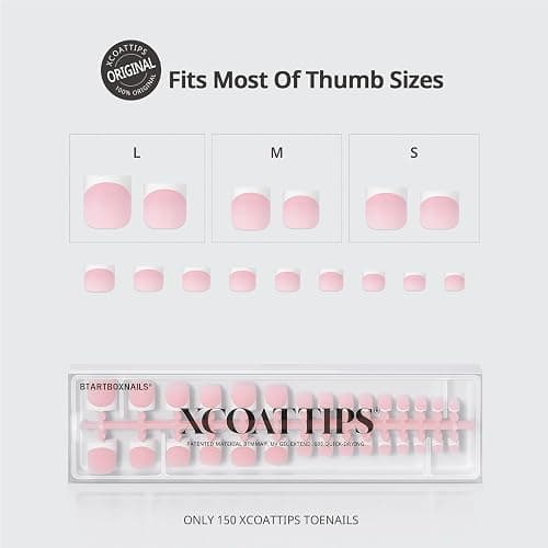 BTArtboxnails XCOATTIPS Toe Nail Tips - Lamp-Curable Real Square Pink Press On Toenails for Women, 150 Soak Off French Tip Toe Nail Extensions in 15 Sizes, Builder Gel & Top Coat Required thumbnail 3