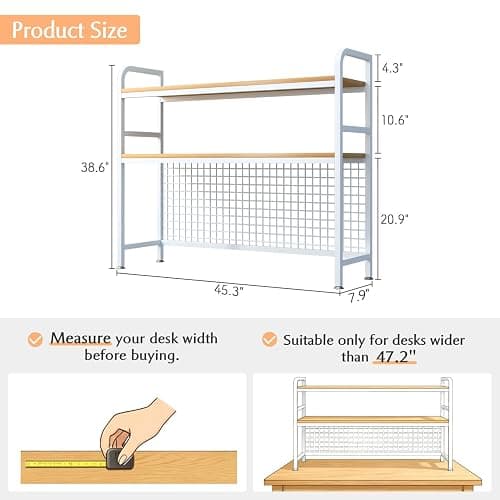 IOTXY 2-Tier Desktop Hutch Bookshelf - Metal Desk Shelf Bookcase with Grid Panel, Countertop Storage Organizer Rack for Dorm or Office, White, 45.3" W thumbnail 2