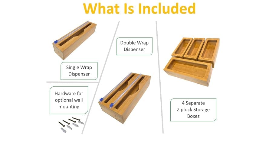 Incredinest Bamboo Drawer Organizer Bag Holder – Modular Design Zip Lock Bag Organizer Plastic Wrap Dispenser with Cutter – Baggie Organizer for Drawer with Single and Double Wrap Dispenser thumbnail 4