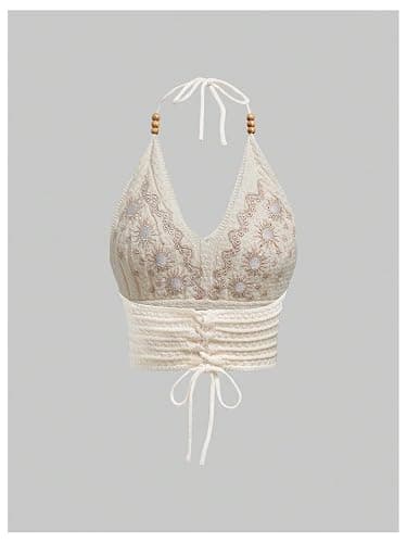 SHENHE Women's Open Back Knitted Halter Crop Top Tie Backless Embroidered Hippie Top thumbnail 2