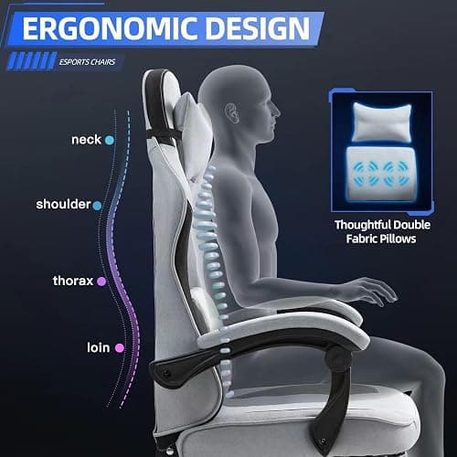 Fabric Massage Gaming Chair, Ergonomic Computer Chair, Video Game Chair, Massage Office Chair, Desk Swivel Chair, Adjustable, Reclining, Footrest, Massage Cushion, Fabric Material, Grey, New thumbnail 6