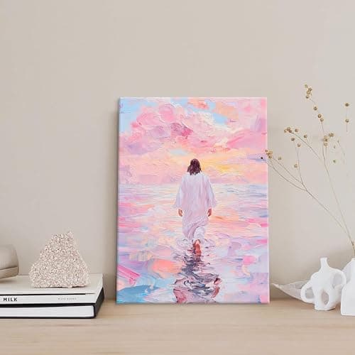 Jesus Canvas Wall Art Pink Jesus Walks on Water Painting Picture Wall Decor Religious Savior Wall Art Christian Bible Stories Poster print Artwork for Living Room Bedroom Church Decor 24x36in canvas thumbnail 7