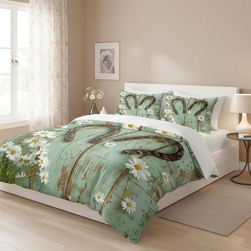 CCoutueChen Teal Rustic Farmhouse Bedding Set Queen Size, Country Wooden Barn Door Comforter for Western Horseshoe Daisy Decor, Suitable for Kids Girls Teen Cowboys Cowgirls,2 Pillowcases/90 * 90 thumbnail 2