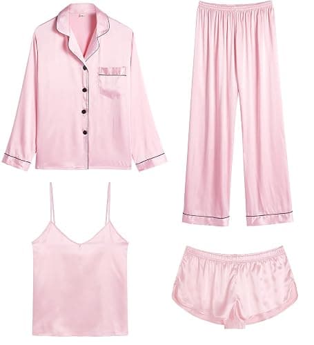 SWOMOG Women Satin Pajamas 4pcs Pajama Set Sexy Cami Shorts Set and Button Down Long Sleeve Pjs Loungewear Sleepwear - Image 1