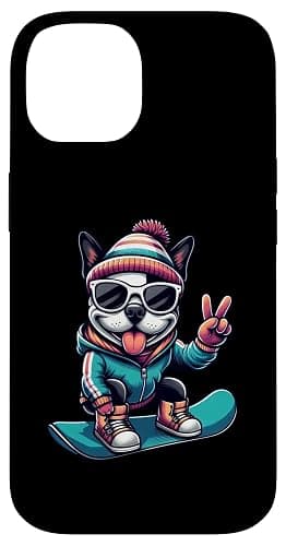 iPhone 14 Cool Comic Boston Terrier Snowboarding Fun Case - Image 1