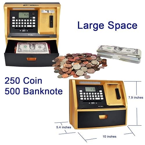 ATM Savings Bank with Debit Card, Electronic Piggy Bank for Real Money, Coin Recognition, Targets Setting, Password Login, Voice Prompt, Great Gift for Boys Girls (Golden/Black) thumbnail 3