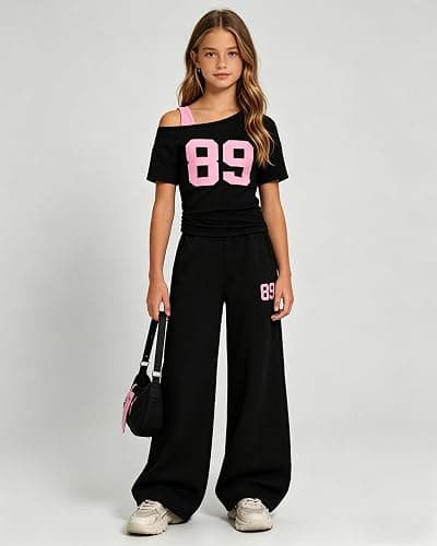 Kxuryueo Teen Girls Clothes Off the Shoulder Top and Wide Leg Pants Matching Outfit Set with Pockets Size 7-16 thumbnail 2
