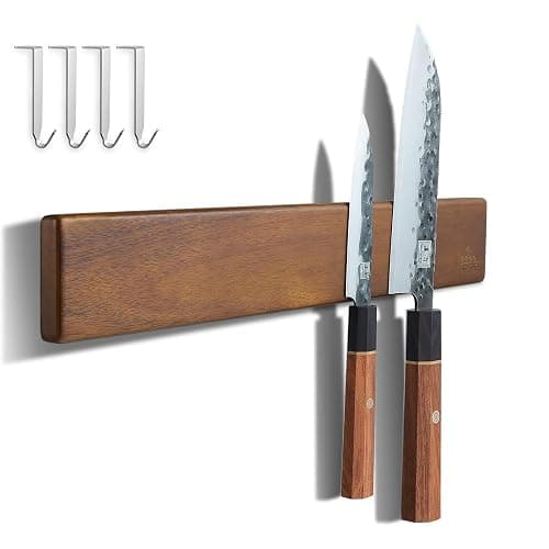 ENOKING 16 Inch Strong Magnetic Knife Holder for Wall, Solid Acacia Wood Knife Bar with 4 Hooks, 3-Way Installation: No-Drill Wall Mount, Screw Mount, & Refrigerator Slip-Proof Magnet Strip - Image 1