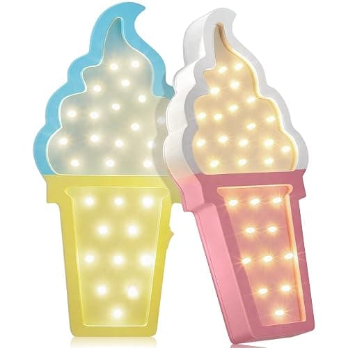 Mudder 2 Pcs Ice Cream Decor Wooden LED Night Light Romance Atmosphere Light Ice Cream Theme Party Lamps Battery Operated LED Night Lights for Spring Party Birthday Wedding(Blue-Yellow) - Image 1