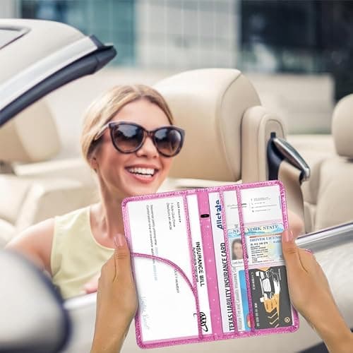 Weishenghuo Car Registration and Insurance Card Holder, Car Document Holder for Cards, Driver Vehicle License Document Glove Box Compartment Organizer, Car Essentials - Glitter Pink-2 thumbnail 2