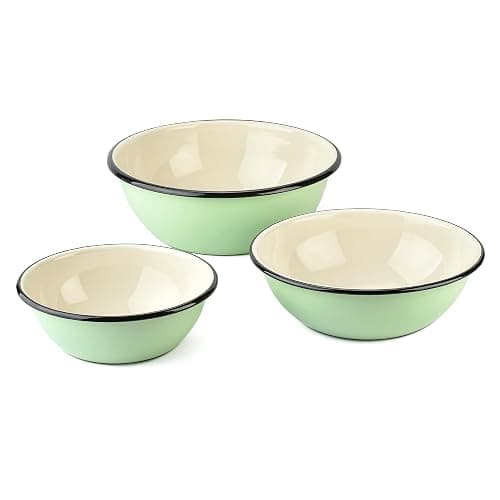 STP GOODS Enamel Bowl Set of 3 pcs Enamel Serving Bowls, Enameled Steel Mixing Bowls for Cooking Prepping, Kitchen Fruit Salad Bowl, Dishwasher Safe (Mint) thumbnail 6