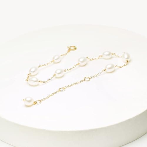 COMOTO Pearl Bracelet for Women 14K Gold Filled Freshwater Cultured Pearl Handmade Bracelet Tin Cup Pearl Bracelet Jewelry,7.0"+0.5"+0.5" thumbnail 6