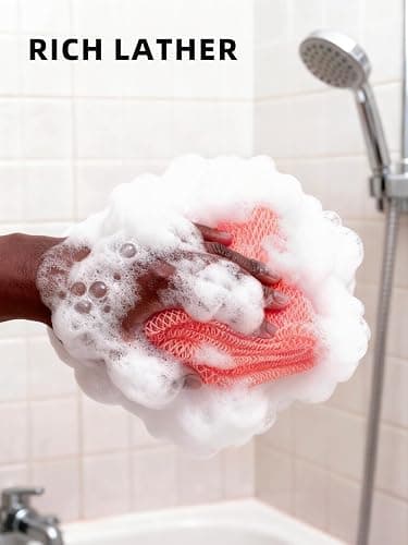 Cleangor 2Pcs African Net Sponge Authentic with Knots - Exfoliating Body Scrubber for All Skin Types, African Bath Sponge, Wash Cloth, Gentle Exfoliation Shower Rag for Women Daily Use(Pink & Purple) thumbnail 4