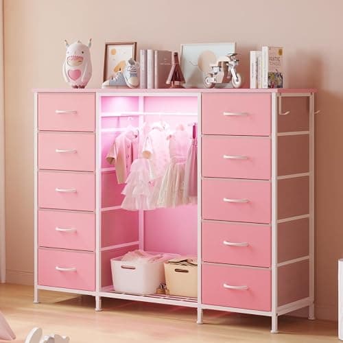 LUMTOK 2-in-1 Dresser with Hanging Rack, 10 Drawers Dresser for Bedroom,Dressers with Fabric Drawers,LED Lights, Charging Station and Hanging Racks for Bedroom (Pink) - Image 1