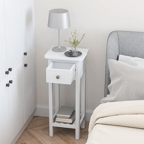 Giantex Tall End Table, Narrow Side Table with Drawer and Shelf, Acacia Wood Nightstand for Living Room, 2-Tier Bedside Table for Small Space, No Assembly, White - 1 - White thumbnail 2