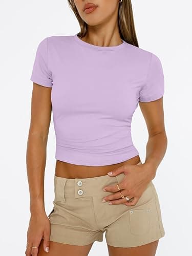 Trendy Queen Womens Short Sleeve T Shirts Summer Crop Tops Basic Slim Fit Gym Workout Y2k Clothes thumbnail 2