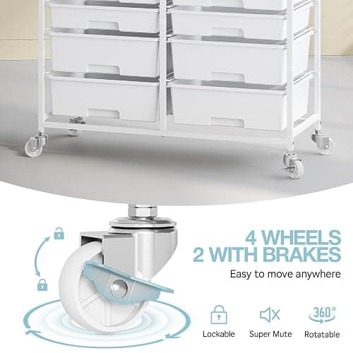 Rolling Storage Cart with 12 Drawers, Wooden Tabletop Utility Cart for Craft Storage, Art Supply Storage & Home Office Organization, Teacher Cart with Wheels for Classroom, School (White) thumbnail 4